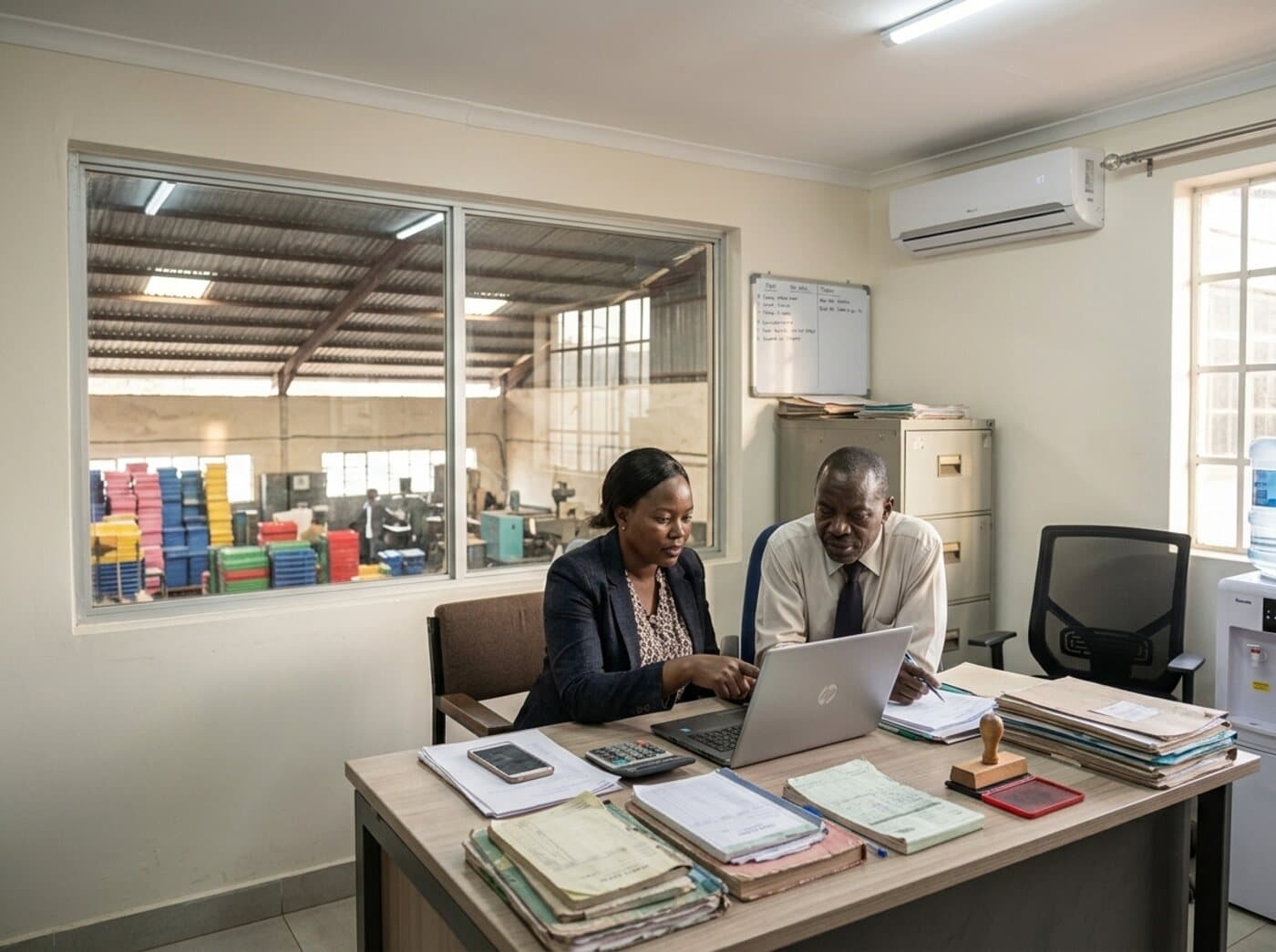Two people working at a laptop in a factory office, carbon-copy books and a rubber stamp on the desk, the production floor visible through the window behind them