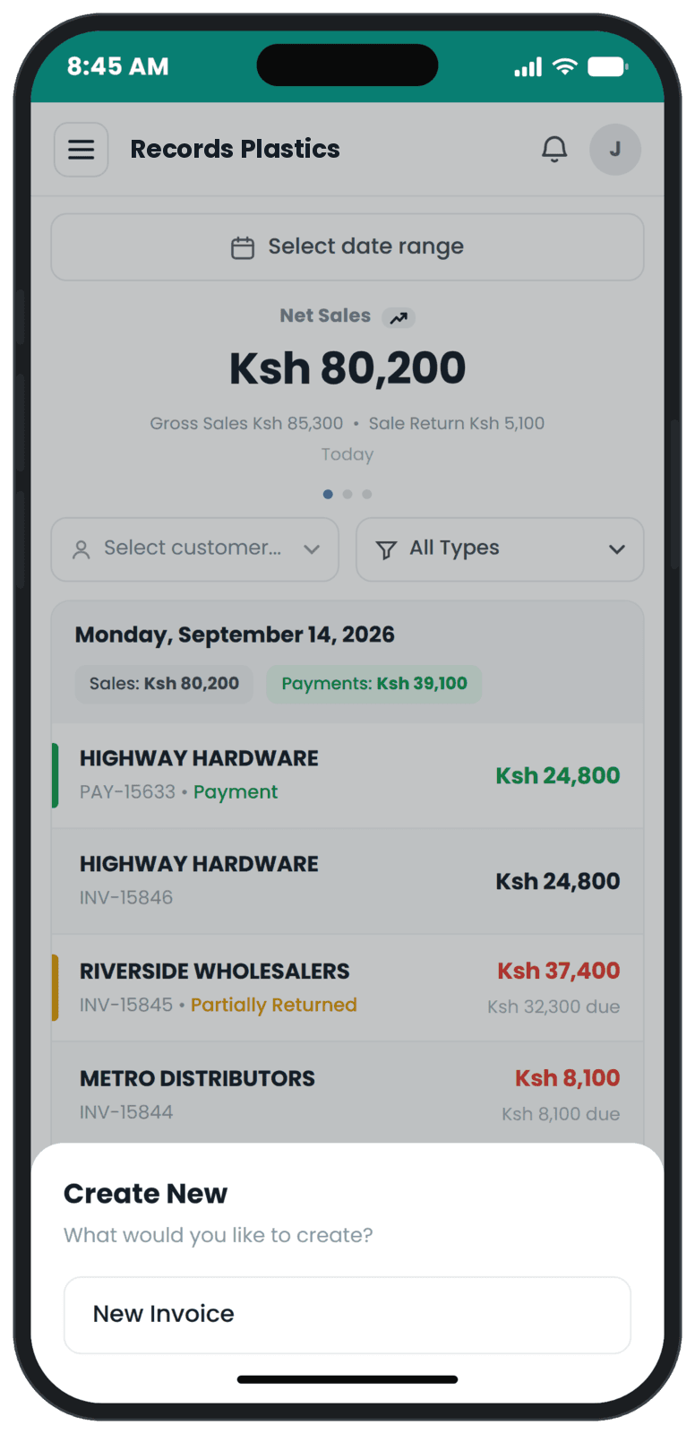 The sales screen on a phone: the day's net sales, the day's transactions, and a new invoice being started