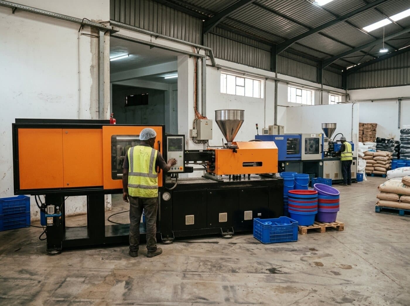 An operator at an injection moulding machine on a plastics factory floor in Kenya