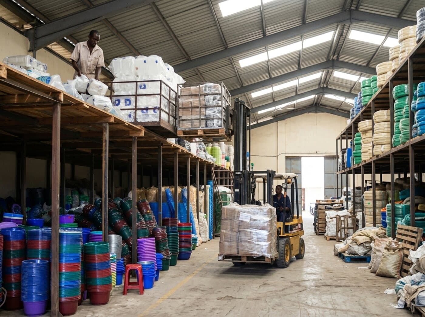 A forklift moving a pallet down the aisle of a store stacked with plastic basins and buckets