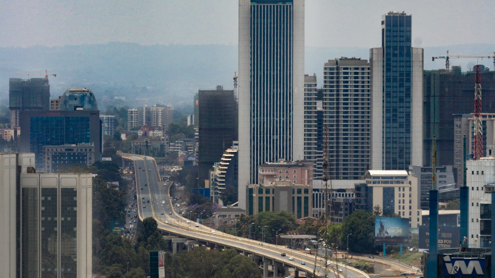 The Nairobi Expressway winding between the city's office towers