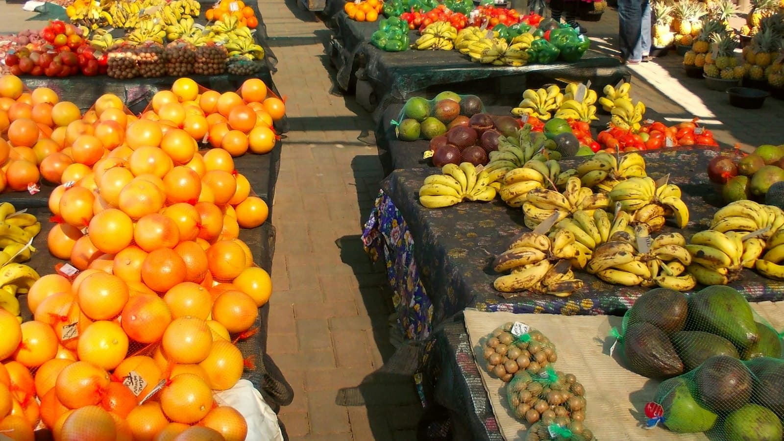 Oranges, bananas and avocados piled on tables at an open-air market