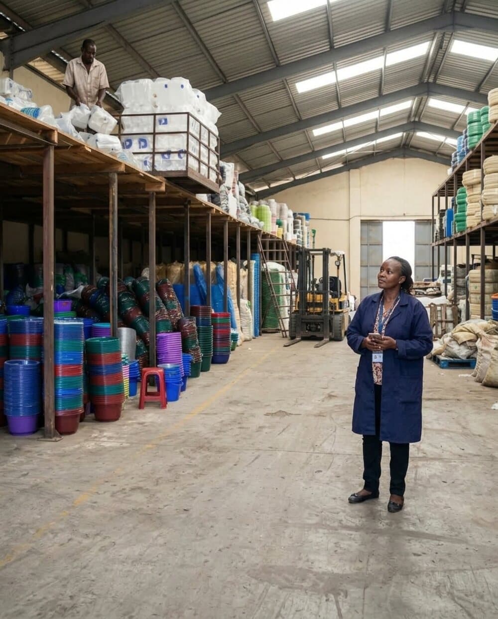A manager walking the aisle of a Kenyan warehouse stacked with plastic basins, jerrycans and sacks